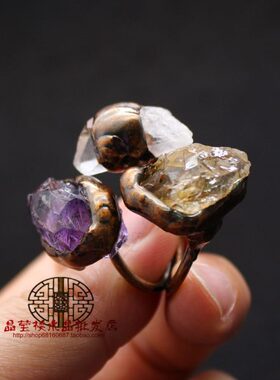 欧美饰品配饰产地 个性夸张复古戒指黄水晶戒指白水晶开口指环