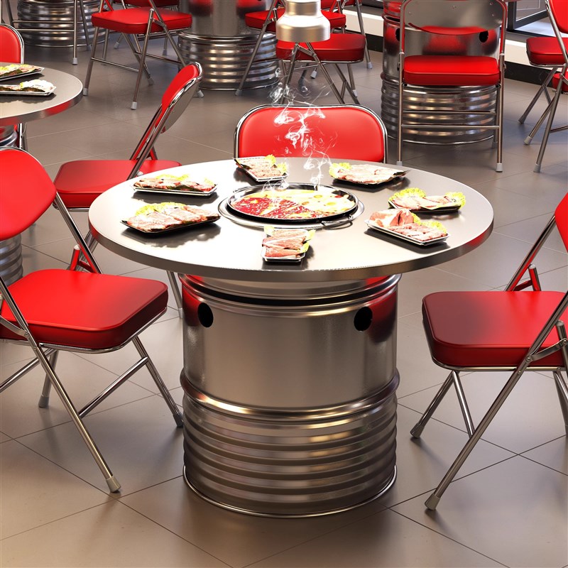不锈钢圆桌商用炭火烤肉桌子工A业风无烟净化电磁炉火锅烧烤一体