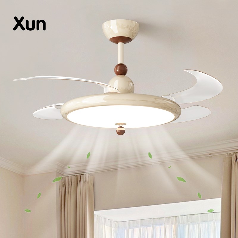 奶油风风扇灯餐厅吊灯法式中古电扇灯隐形无叶吊T扇灯卧室灯吸顶