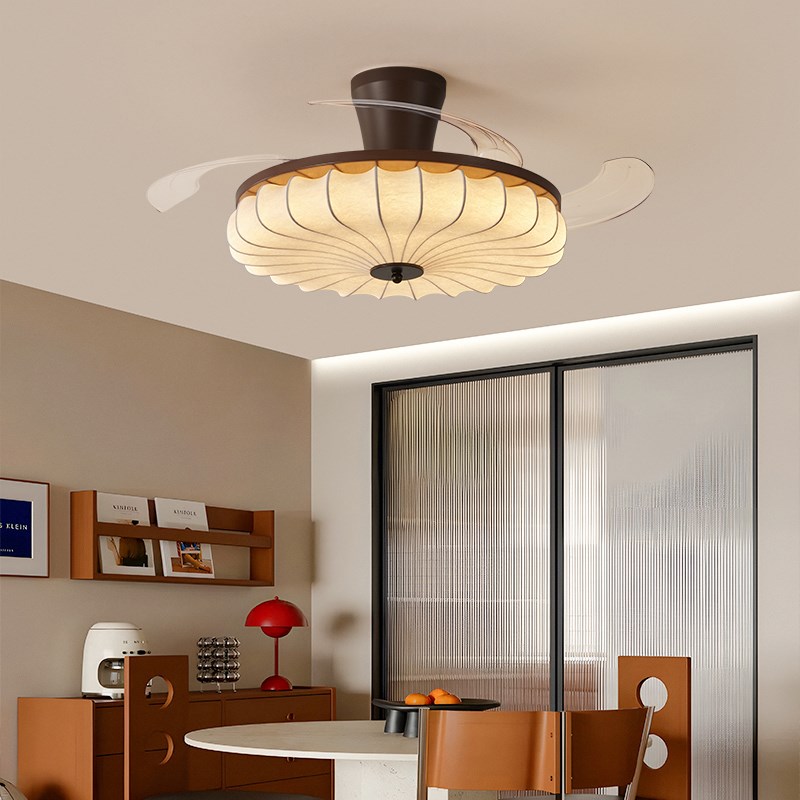 复古风扇灯卧室吸顶灯法式中w古风蚕丝灯罩餐厅灯氛围感日式侘寂