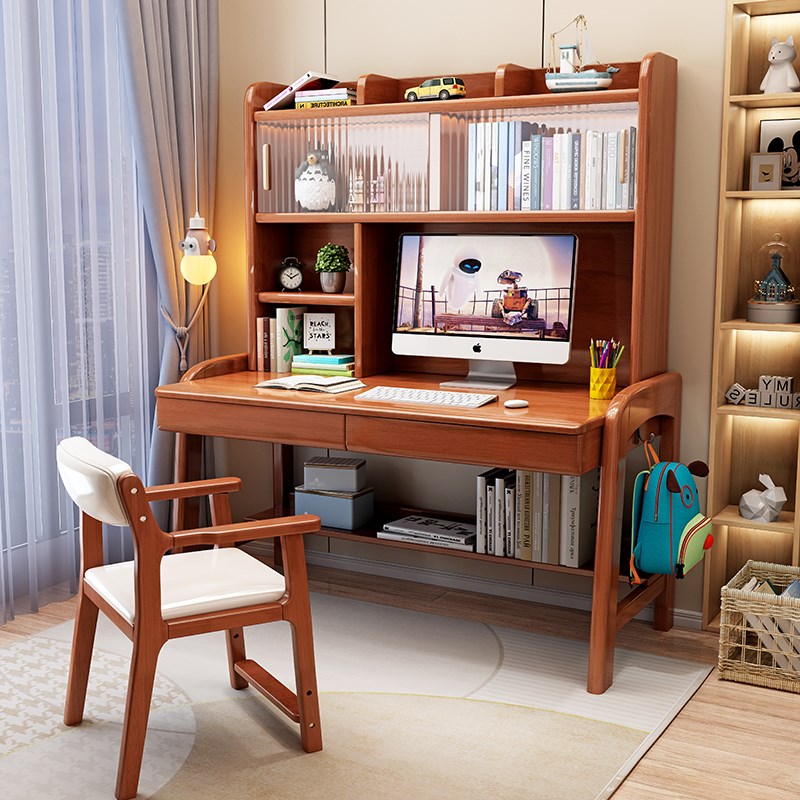 儿童书桌书架一体实木学习桌家用书房学生写字桌可升降台式电脑桌