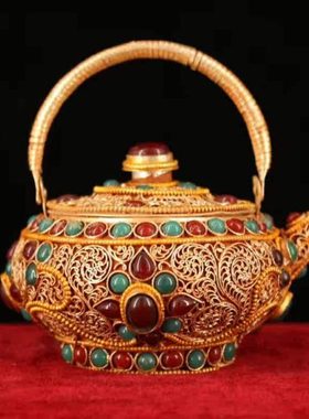 尼泊尔工艺老藏银镶嵌宝石纯手工打造掐丝小茶壶酥油壶收藏装饰品