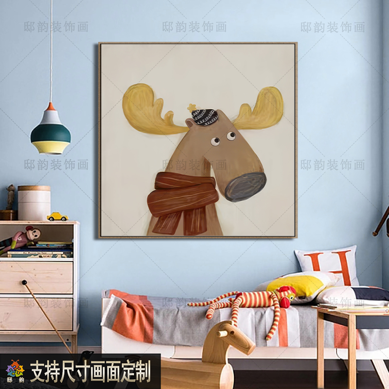 正方形抽b象小众挂画民宿样板间儿童房壁画现代简约家居卡通装饰图片