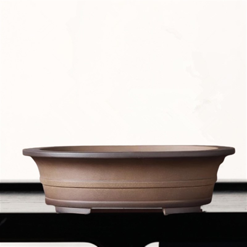 紫砂花盆盆景盆椭圆形青灰泥手工盆古典中线飘口腰圆桌面盆栽张氏