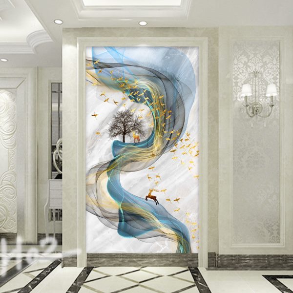 现代简约艺术抽象麋鹿墙纸背景墙装饰画壁纸走廊过道玄关壁画竖版图片