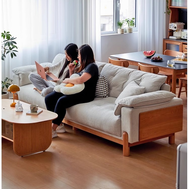 实木布艺雪尼尔长沙发三人位奶油风樱桃木可拆洗小户型云朵轻奢