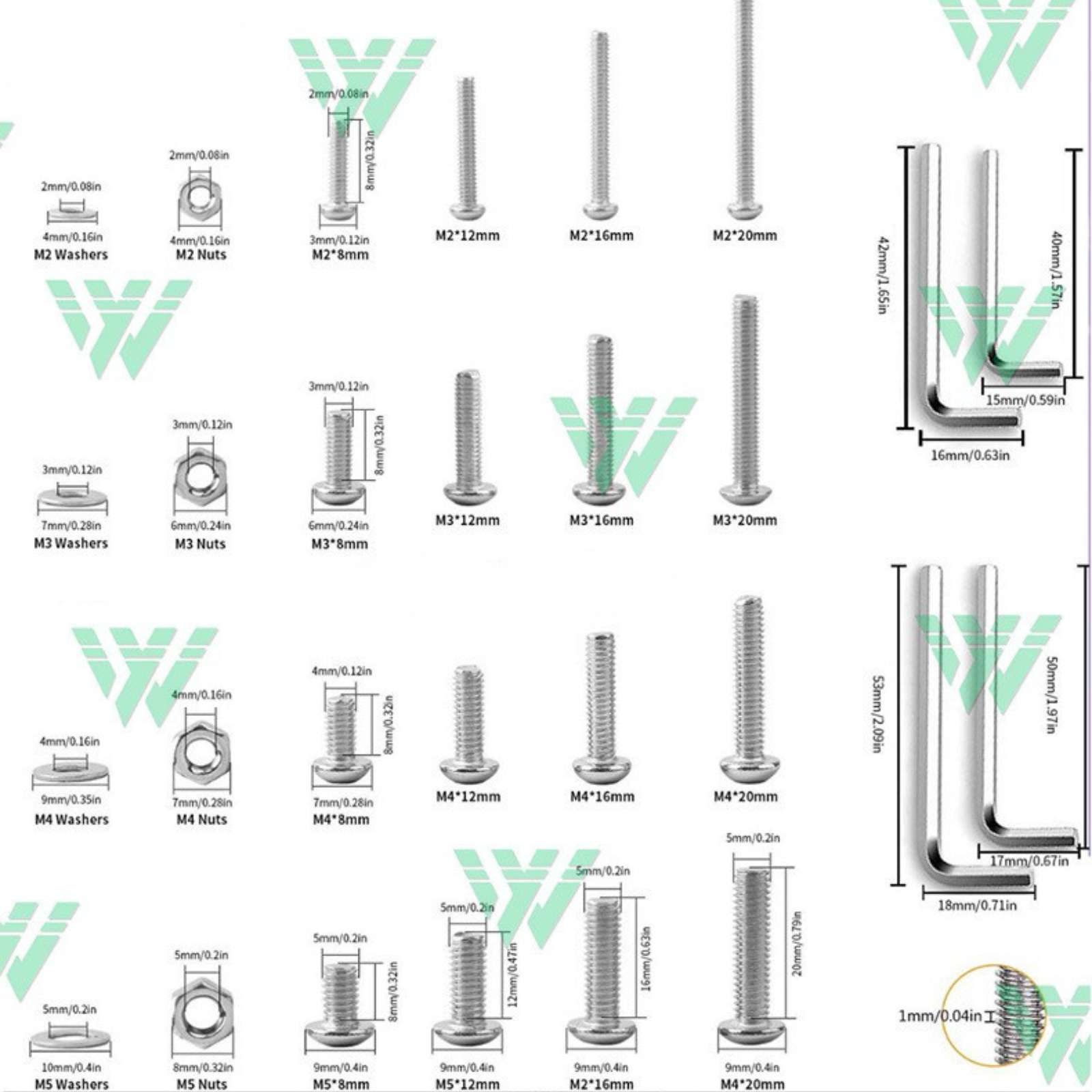 1080pcs M2M3M4 304不锈钢 盘头内六角螺丝配螺母平垫圈组合套装