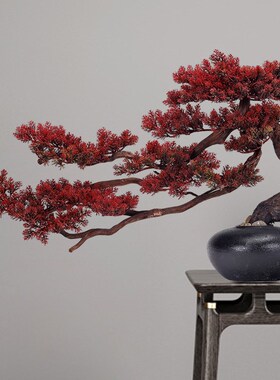 新中式仿真盆景红色迎客松摆件客厅玄关假花摆设禅意假绿植物盆栽