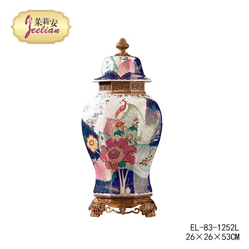 茱莉安欧式奢华加铜重工雕刻彩色描绘动物八角天字坛盖坛