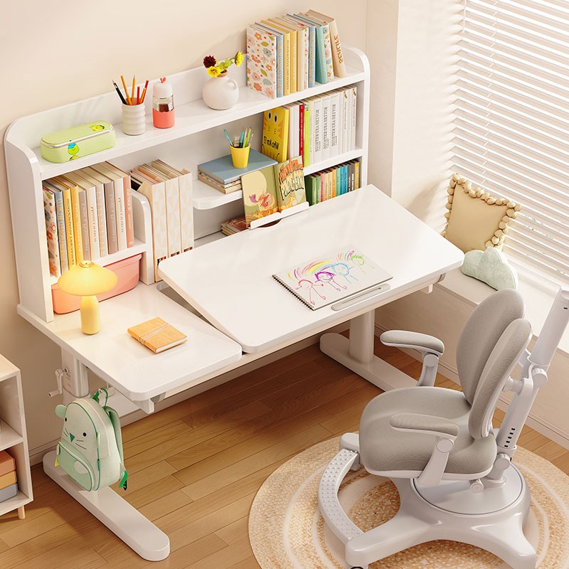 睢园儿童学习桌小学生家用大白写字桌升降书柜课桌椅实木书桌