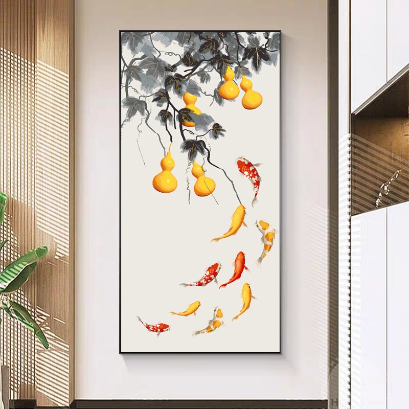 竖版五福临门玄关画DIY数字油画九鱼图新中式客厅福禄葫芦装饰画图片