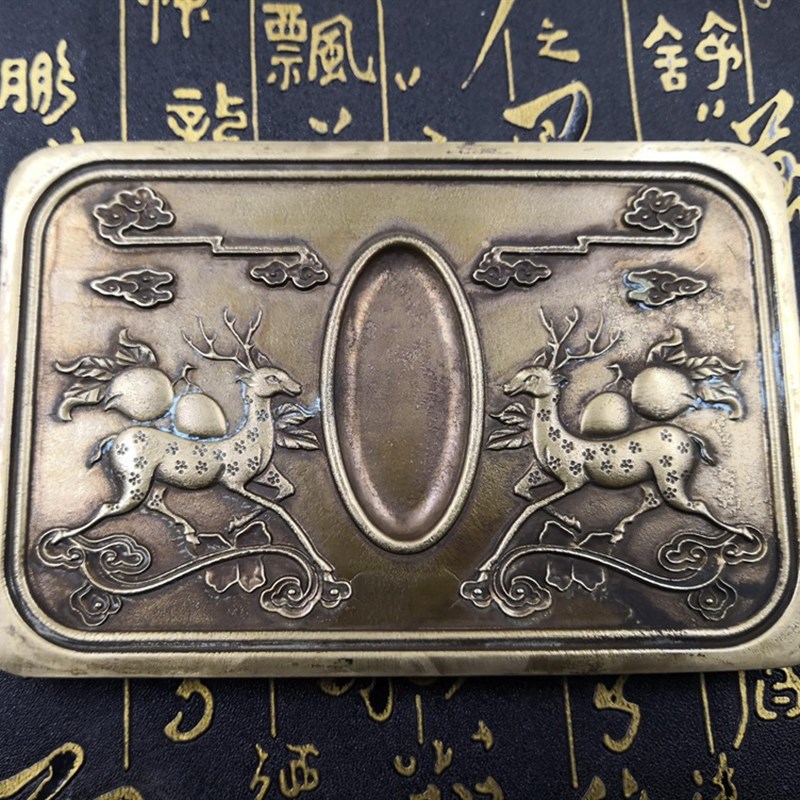 古玩杂项收藏仿古做旧物件白铜铜器梅花鹿砚台收藏