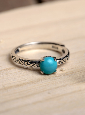 复古风做旧s925银小p巧精致戒指环女开口雕纹民族风绿松石国潮饰