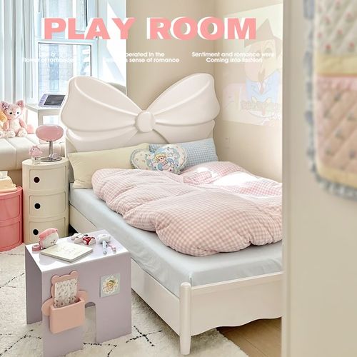 奶油风实木儿童床女孩公主床卧室白色蝴蝶结床法式女生1.5m单人床