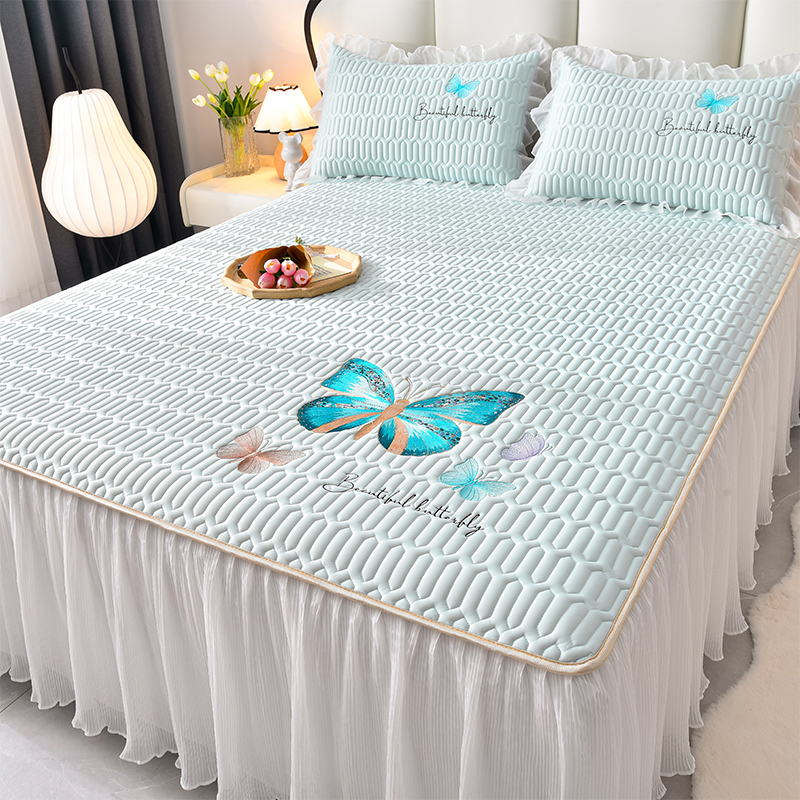 夏季凉感丝乳胶凉席床裙款三件套冰丝席床罩公主风可水洗空调软席