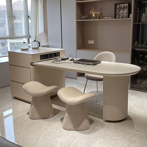 法式奶油风伸缩岛台茶桌餐桌一体小户型家用岩板办公茶台书桌两用