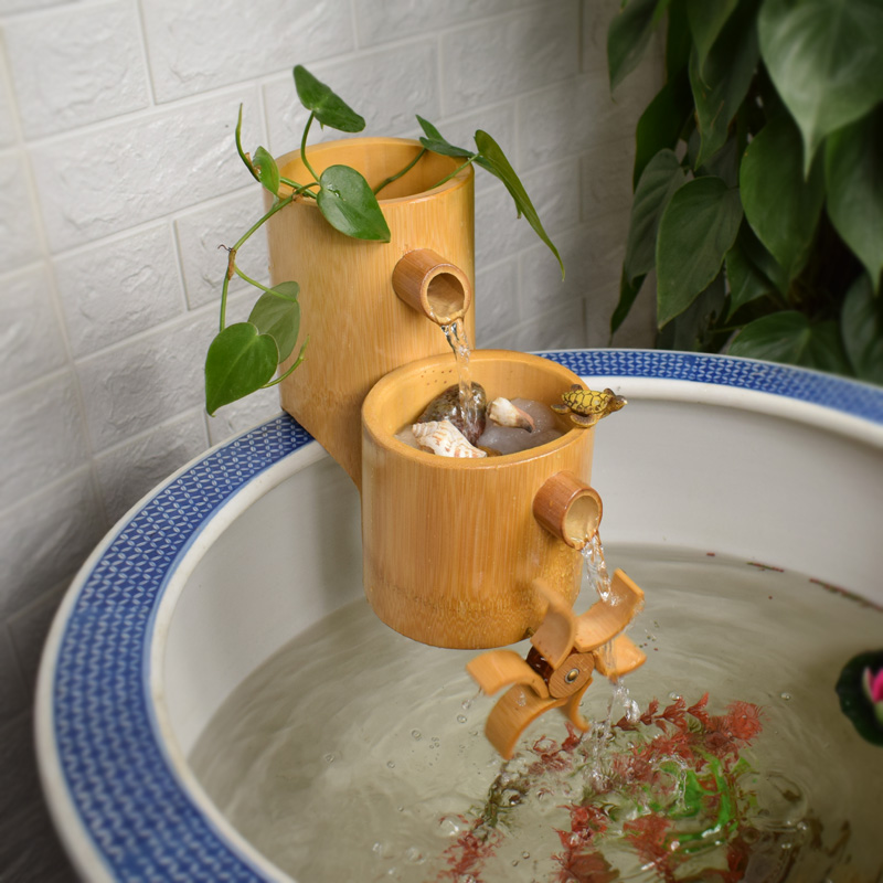 陶瓷石槽鱼缸壁挂瀑布式过滤器造景循环水增氧三合一竹子流水摆件