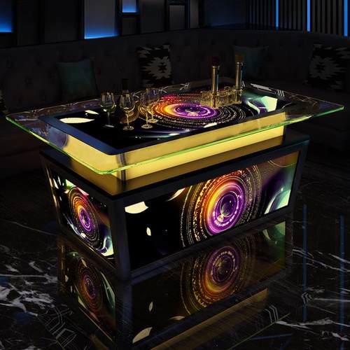 ktv茶几发光彩色圆圈钢化玻璃酒吧台卡座沙发不锈钢桌子定制现货