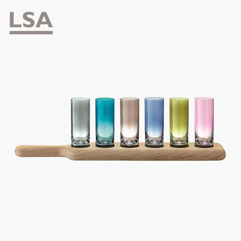 英国LSA彩色玻璃酒杯套装伏特加小酒杯一口杯子弹杯 实木托盘礼盒