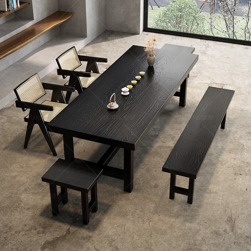 黑实木茶桌e椅组合侘寂风客厅家用大板泡茶桌茶几办公室茶台一体