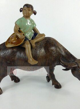 陶瓷工艺品石湾公仔家居礼品装饰品客厅桌面人摆件放牛女牧童促销
