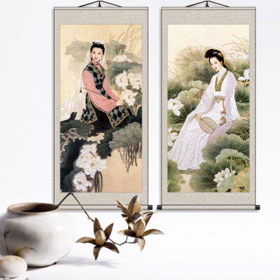 簪花仕女图国画装饰画美女挂画工笔古典人物画