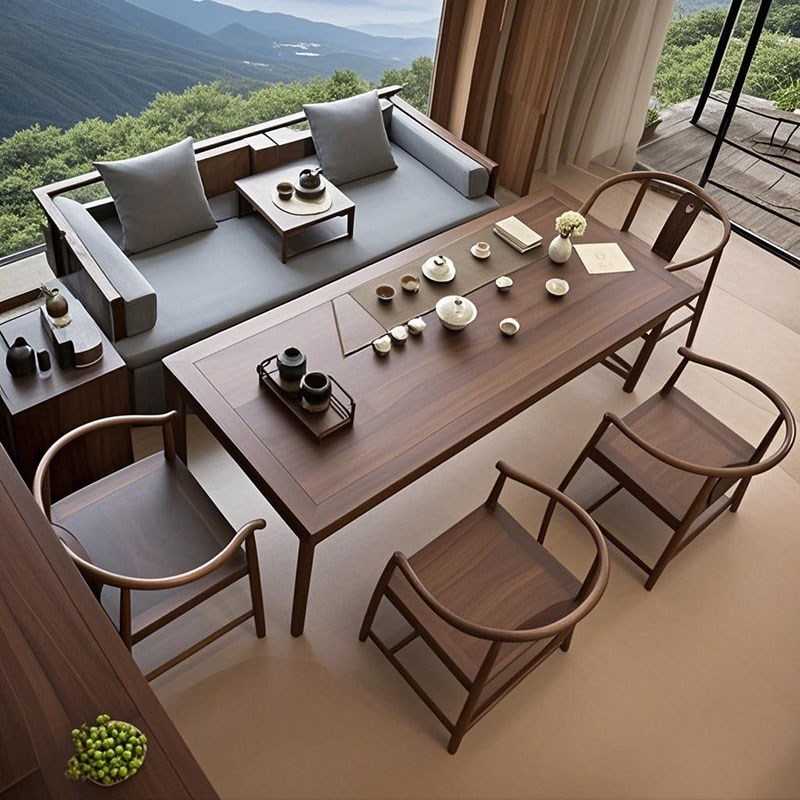 新中式茶桌椅组合实木书桌办公桌罗D汉床名宿茶台黑胡桃白蜡木茶