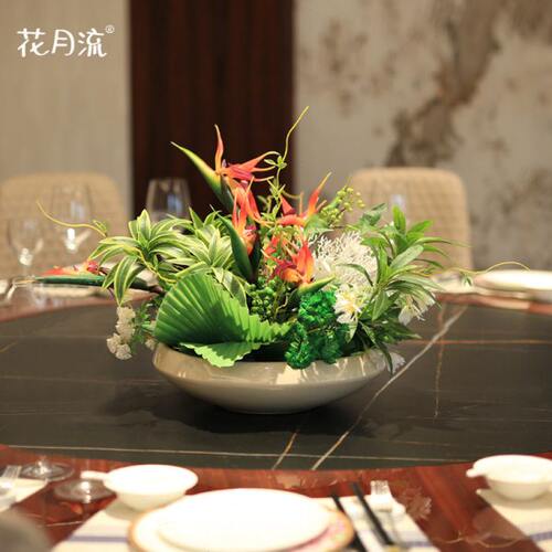 酒店大圆桌中间转盘摆花餐桌摆设新中式桌花创意装饰花品桌景摆件