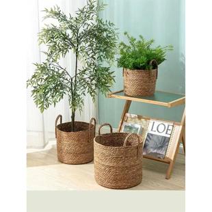 北欧藤编稻草编织篮子绿色植物落地大套花盆稻草花盆装 饰篮子