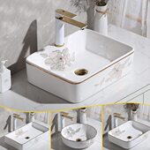 新中式 轻奢金色边台上盆陶瓷洗手盆家用卫生间阳台长方形洗面池盆