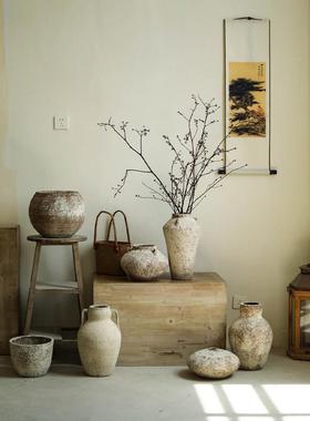 Wabi-Sabi风格民宿陶罐覆古花瓶石器装饰品客厅插花干花盆古董花