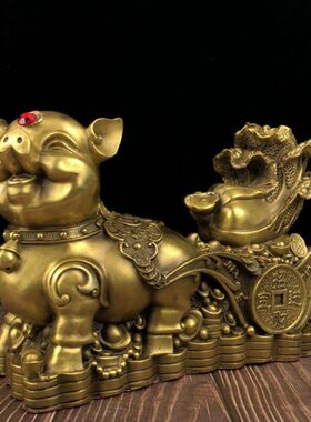 纯铜福猪拉车拉白财生肖猪招财进宝铜器家居店铺吧台装饰品摆件