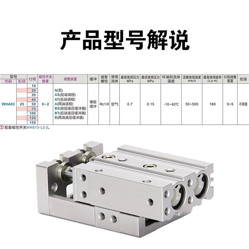 怡合达型滑台气缸WHA03-6 8 12 16 20 25-20-30-40-50-75-2-0-A-B