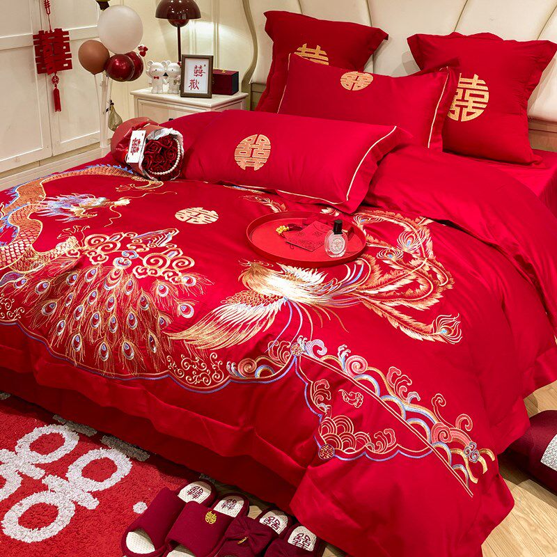 高端龙凤刺绣100支长绒棉婚庆四件套大红色喜庆被套结婚床上用品4