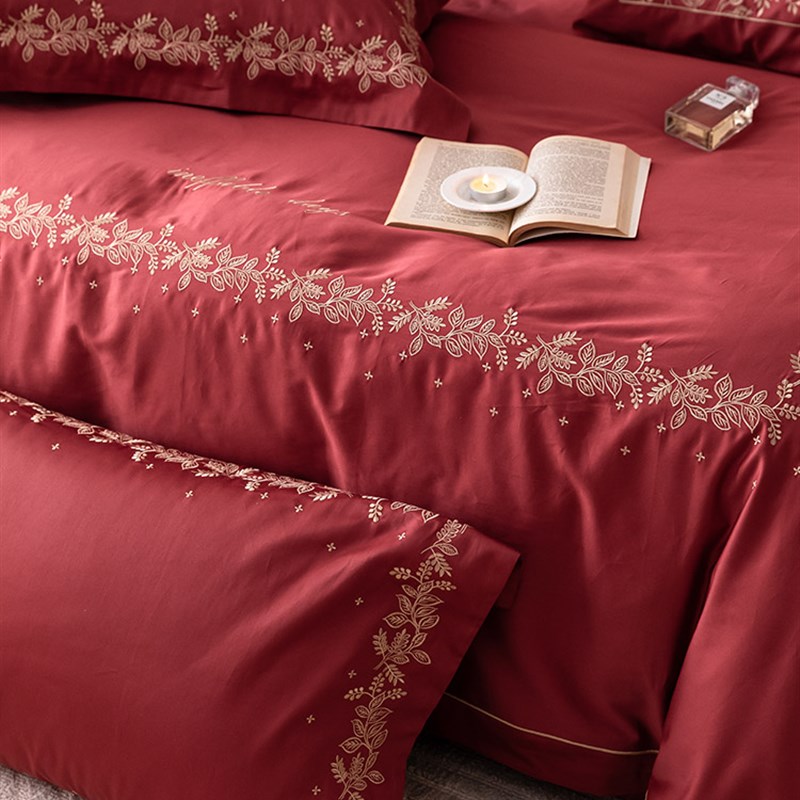 高端欧式风浪漫婚庆100支全棉四件套大红色刺绣结婚被套床上用品