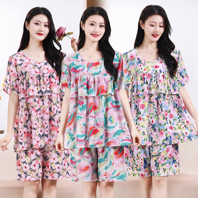 短袖短裤绵绸睡衣女防凸点夏季新款遮肉大码棉绸家居服人造棉套装