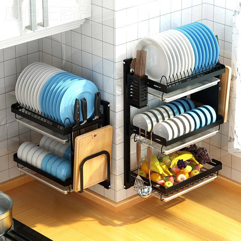 厨房台面黑色碗沥架架挂墙免打用孔家不锈钢IRR双层碗碟架水子置