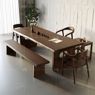 实木茶桌椅组合一桌六椅简约现代客厅大板茶台新中式泡茶阳台茶几