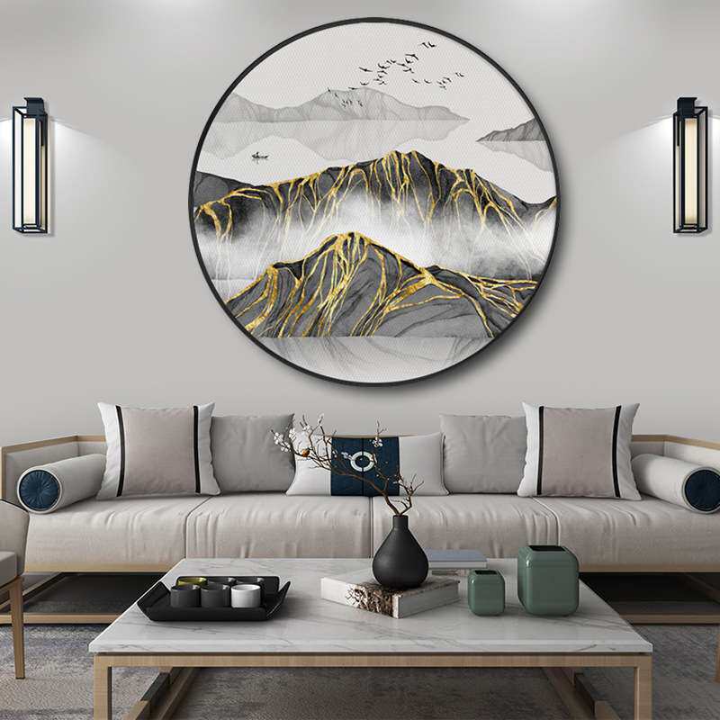 山川沧海新中式玄关装饰画轻奢抽象山水圆形挂画风水招财进门壁画