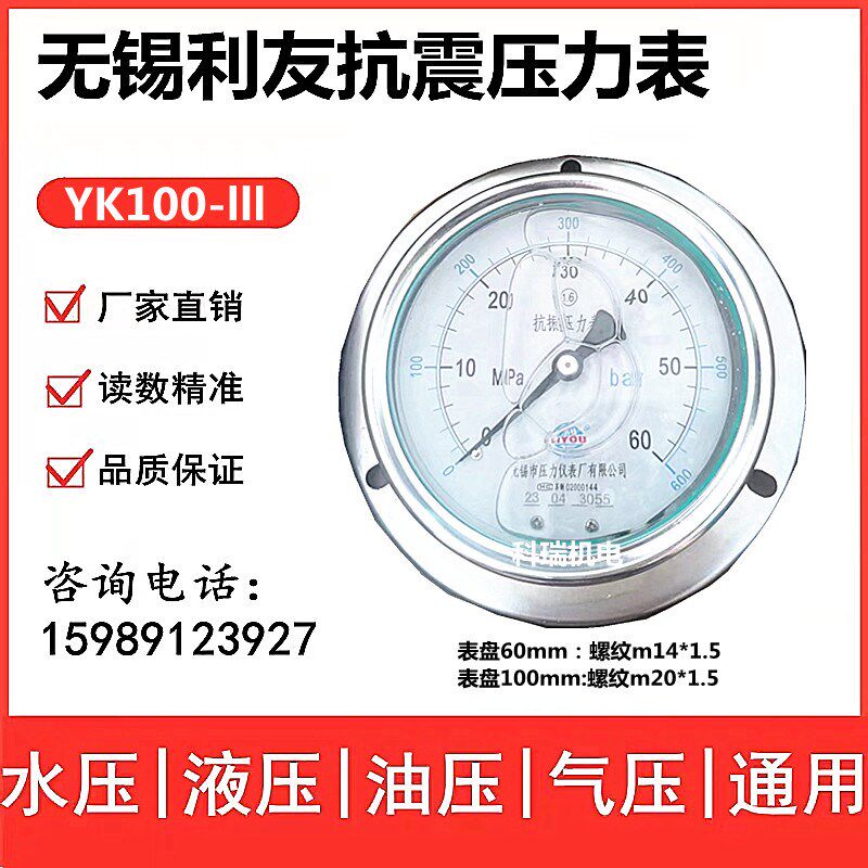 无锡利友抗振压力表YK60IIIYK100III 40mpa轴向带边油压表m14*1.5