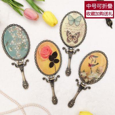 金属小镜子女化妆镜折叠台式复古风便携欧式公主手柄镜少女手持镜