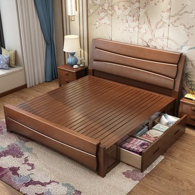 新中式实木床双人床1.8米1.5m高箱储物床简约现代主卧婚床经济型