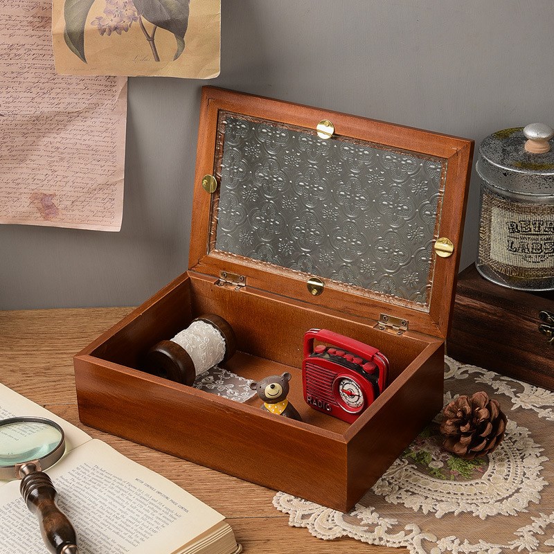 复古中式实木桌面l收纳盒翻盖木质首饰盒防尘海棠花玻璃结婚储物
