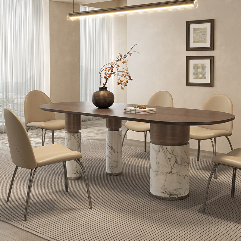 纳威现代侘寂风长方形q餐桌椅组合意式极简大理石饭桌家用胡桃木