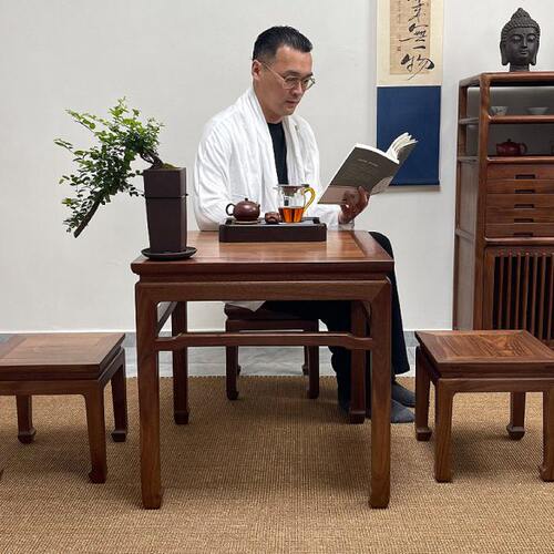 新中式方桌北美黑胡桃木茶桌阳台小茶几实木象棋桌榆木飘窗围棋桌
