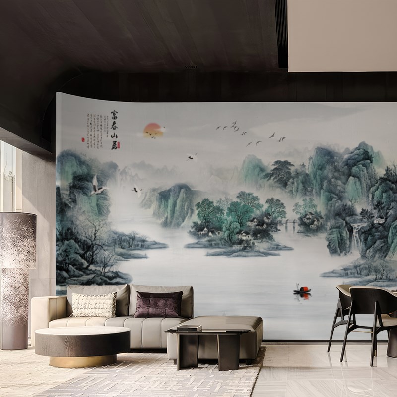 电视背景b墙墙布写意山水新中式 壁纸家用定制壁画无缝 墙纸 墙布