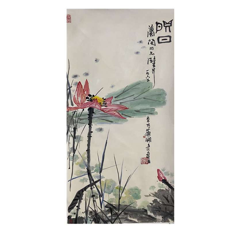 纯手绘玄关装饰画荷花油画新中式挂画走廊过道书房禅意简约抽象画图片