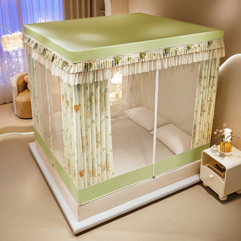 T型回底床笠式遮光帘蚊帐家用A类儿童防摔三开门床帘拉链加厚支架