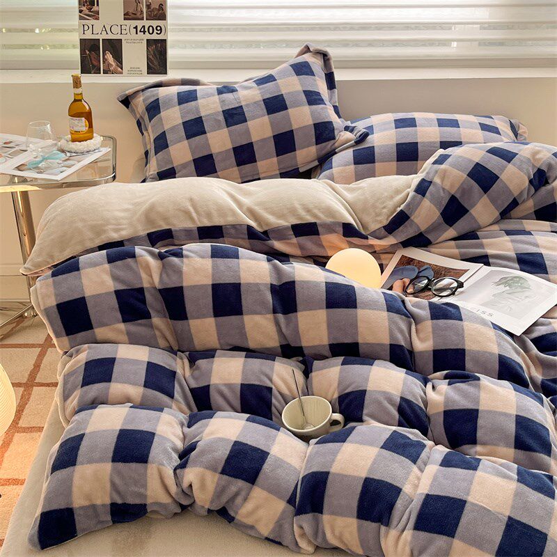 秋冬双面四件套加厚保暖防静电格子印花被套床上用品1.8m2