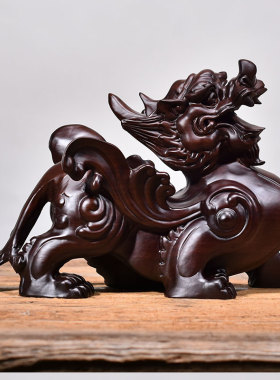 唐趣黑檀木雕貔貅摆件一对家居办公室摆设实木汽车饰品红木工艺品